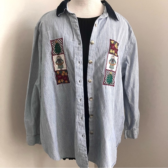 Vintage Holiday Button Down with Velour Collar - Picture 1 of 6